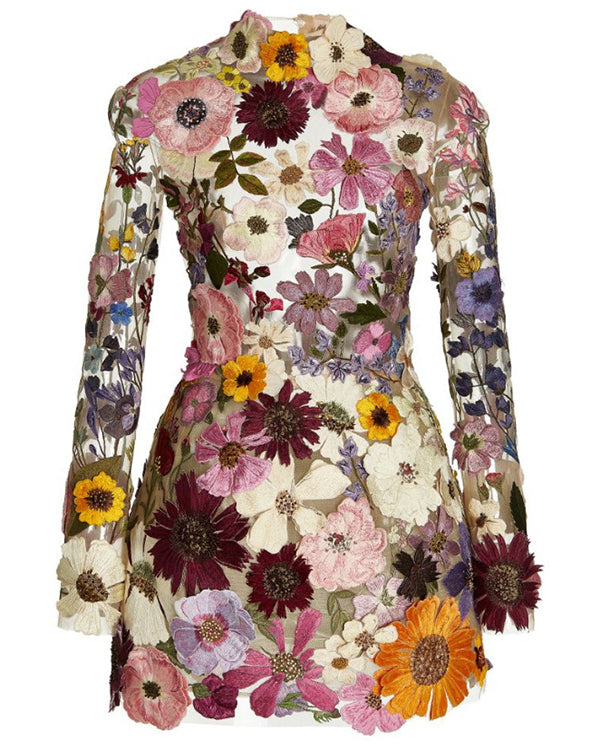 Clidress 3D Flower Long Sleeve Lining Mini Dress