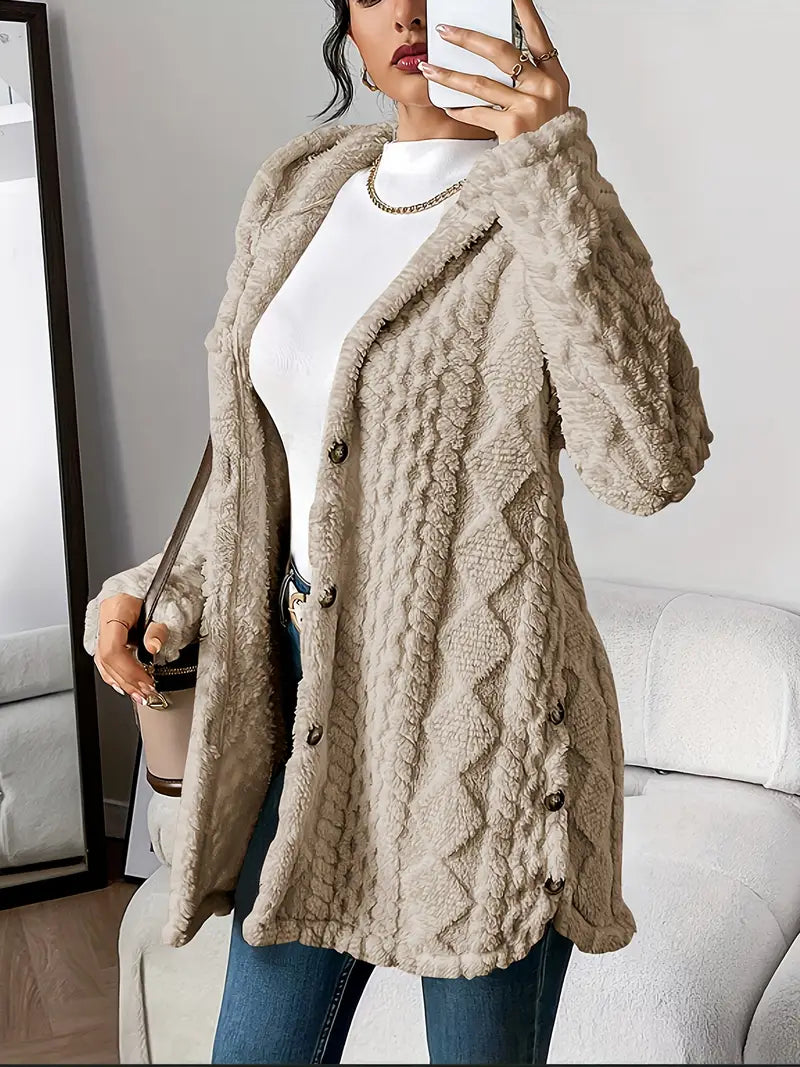 Plush Diamond-Pattern Hooded Cardigan