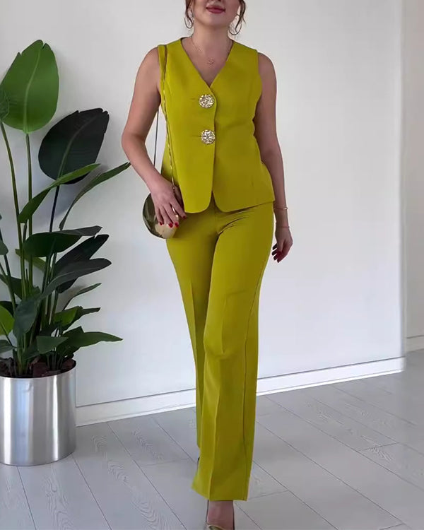 Clidress Big Gold Button Vest & City Pants 2 Pieces Set Suit(12 Colors)