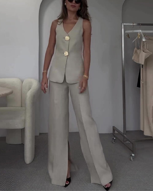 Clidress Big Gold Button Vest & City Pants 2 Pieces Set Suit(12 Colors)