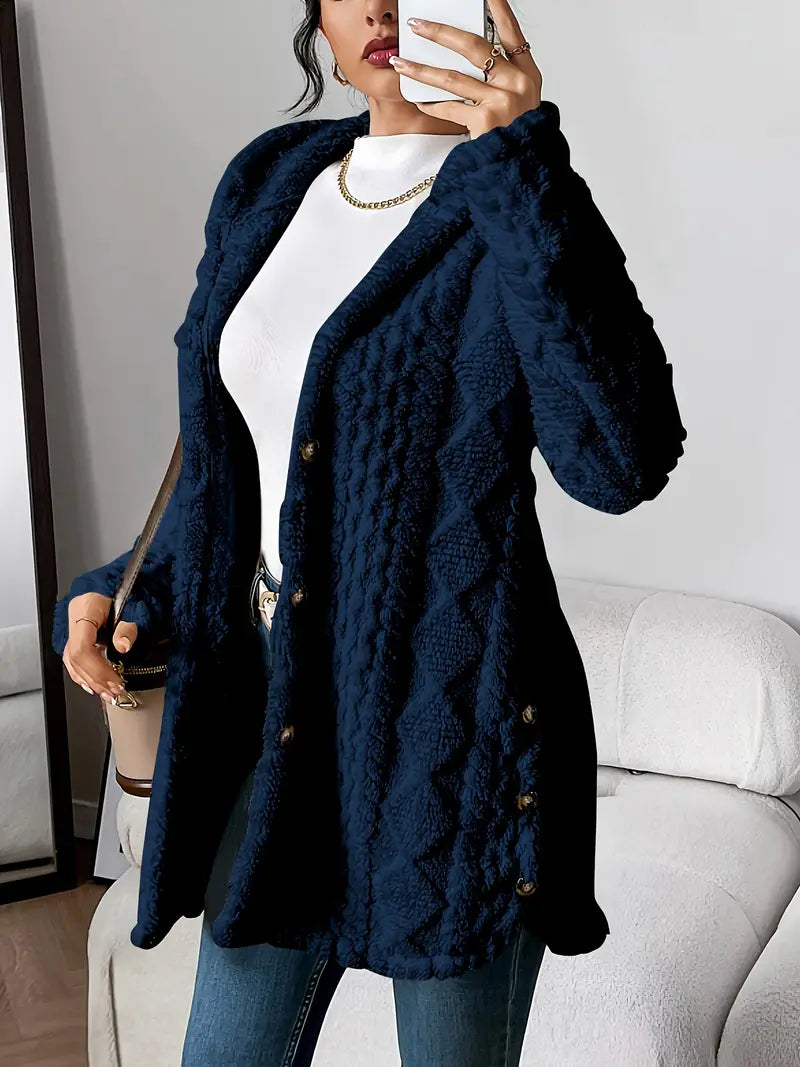 Plush Diamond-Pattern Hooded Cardigan