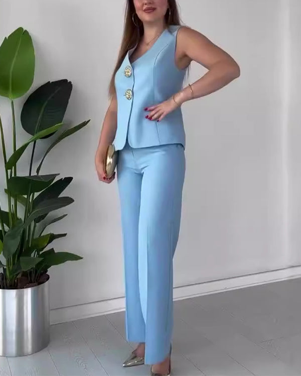 Clidress Big Gold Button Vest & City Pants 2 Pieces Set Suit(12 Colors)