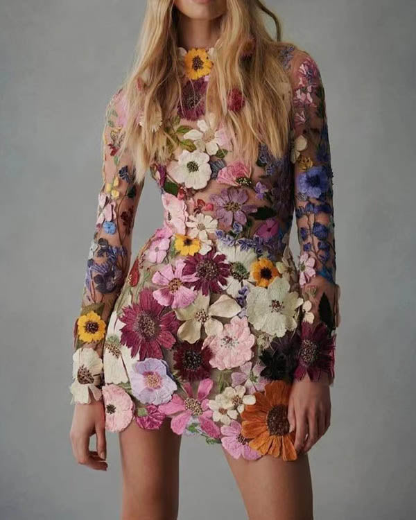 Clidress 3D Flower Long Sleeve Lining Mini Dress