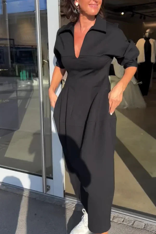 Blooming Elegance V-Neck Midi Dress with Lapel Detail