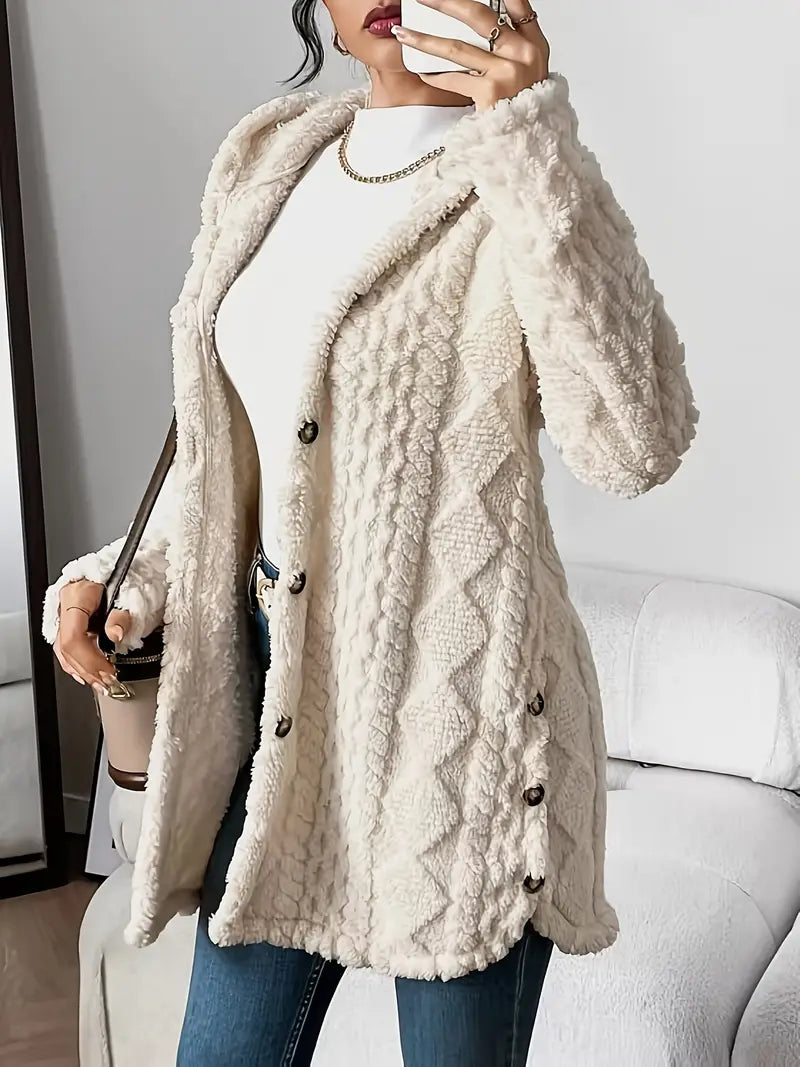 Plush Diamond-Pattern Hooded Cardigan