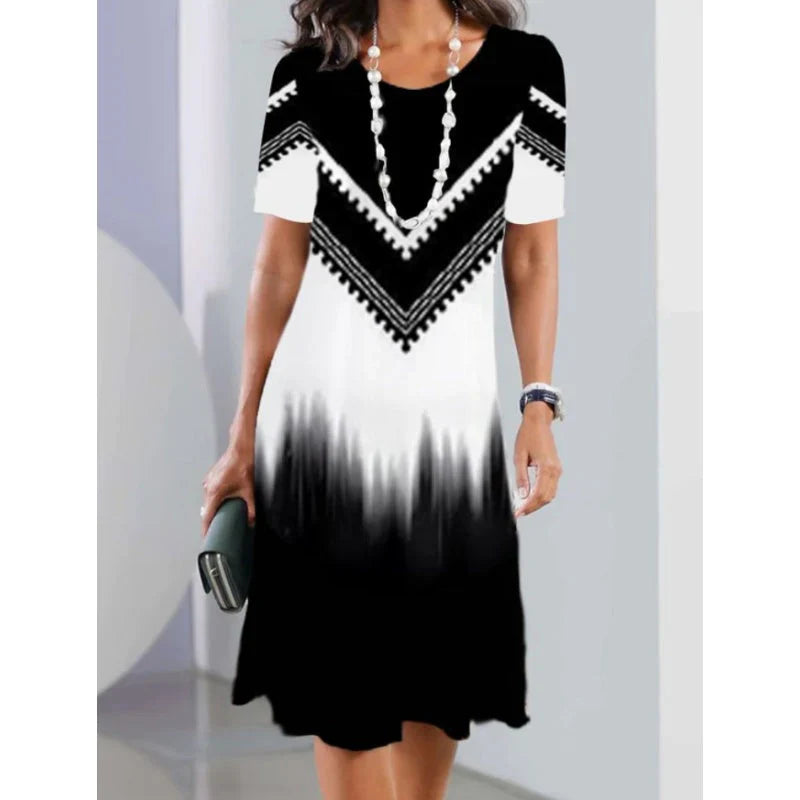 Women's casual dresses with 3D print and round neckline