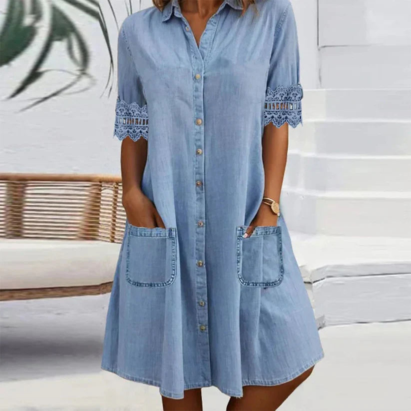 Blue, Simple Denim Mini Dress with Collar and Lace Trim