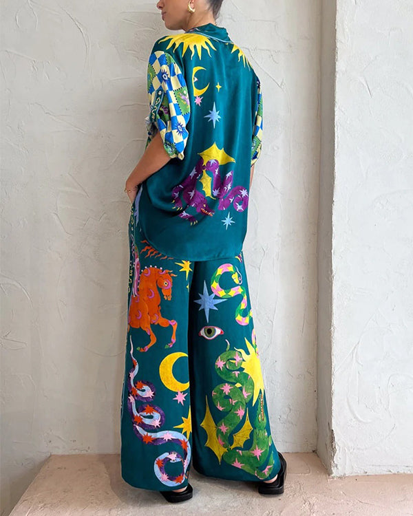 Clidress Artistic Graffiti Print Shirt Pants 2 Piece Set