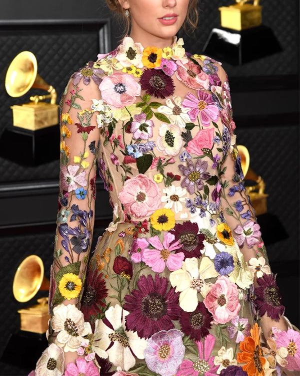 Clidress 3D Flower Long Sleeve Lining Mini Dress