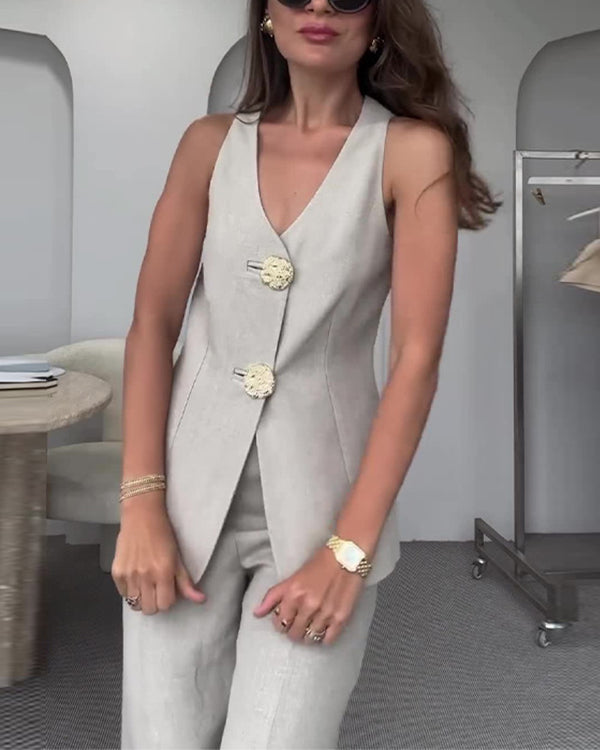 Clidress Big Gold Button Vest & City Pants 2 Pieces Set Suit(12 Colors)