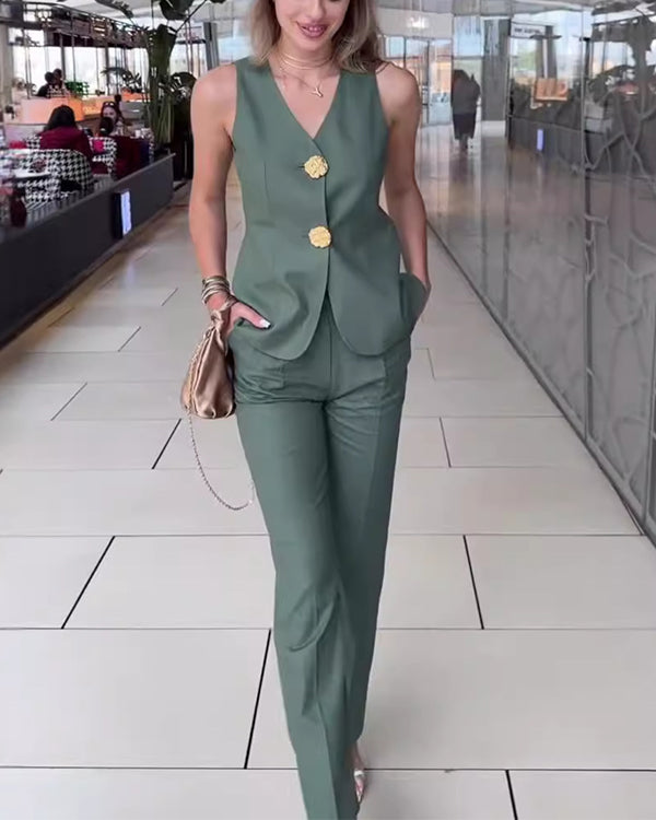 Clidress Big Gold Button Vest & City Pants 2 Pieces Set Suit(12 Colors)