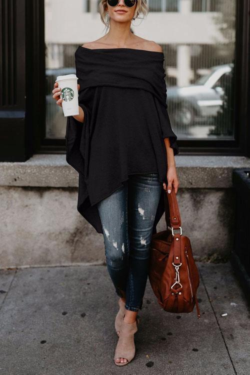 Clidress Irregular Bateau Neck Blouse Shirt