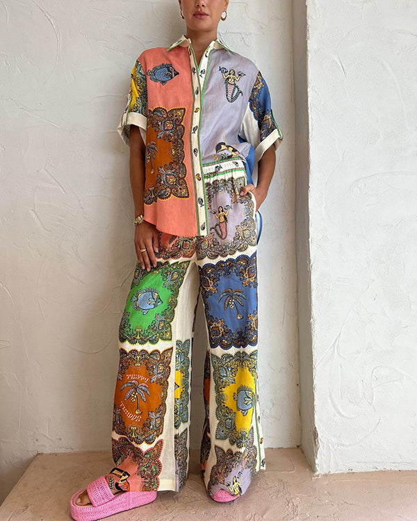 Clidress Artistic Graffiti Print Shirt Pants 2 Piece Set