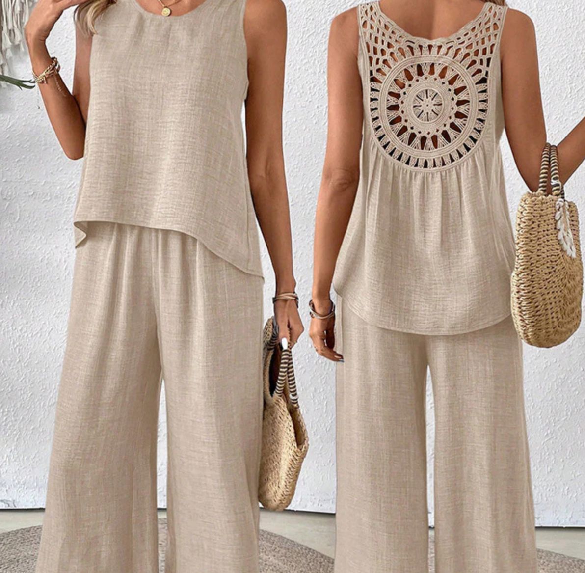 A set of sleeveless top and wide trousers