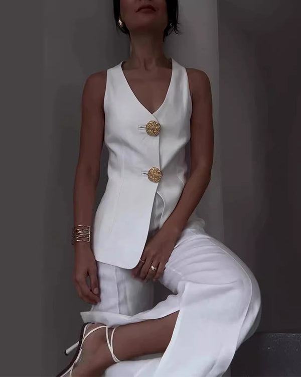 Clidress Big Gold Button Vest & City Pants 2 Pieces Set Suit(12 Colors)