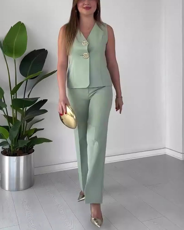 Clidress Big Gold Button Vest & City Pants 2 Pieces Set Suit(12 Colors)