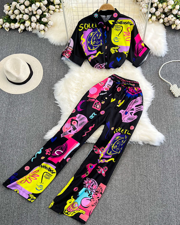 Clidress Artistic Graffiti Print Shirt Pants 2 Piece Set