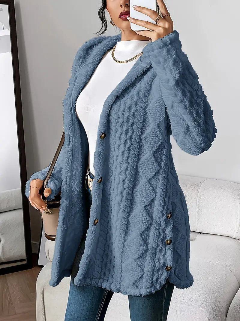 Plush Diamond-Pattern Hooded Cardigan