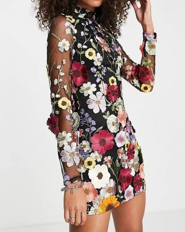 Clidress 3D Flower Long Sleeve Lining Mini Dress