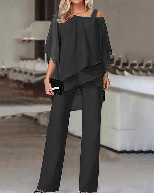 Clidress Bat Sleeve Chiffon Top & Pants Set