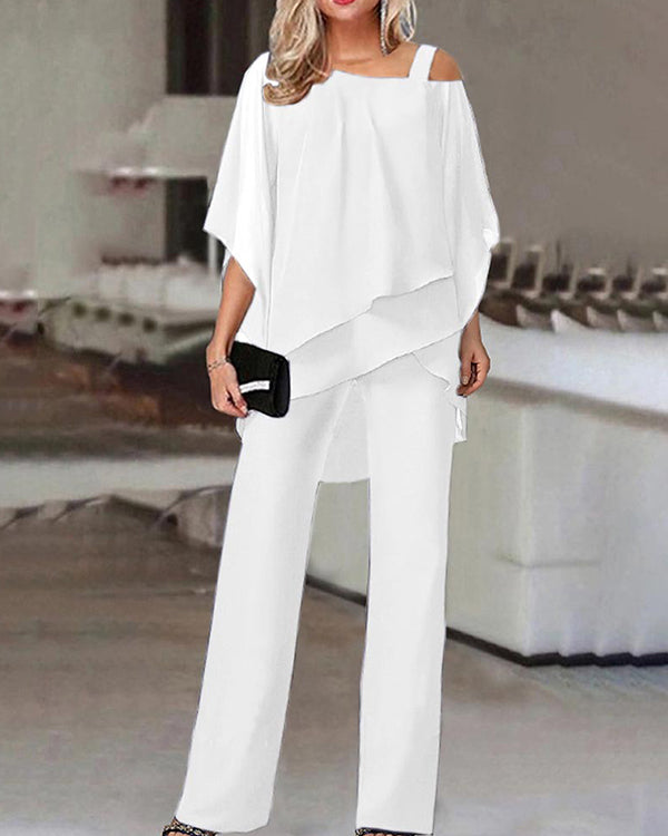 Clidress Bat Sleeve Chiffon Top & Pants Set