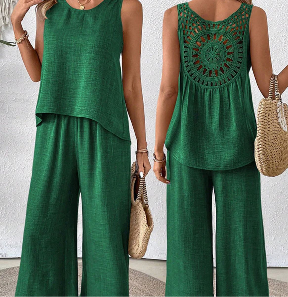 A set of sleeveless top and wide trousers