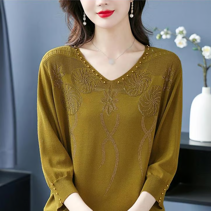 Women's Vintage V-Neck Beaded Pullover Sweater T-Shirt