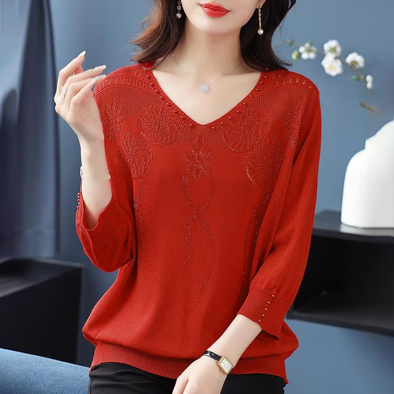 Women's Vintage V-Neck Beaded Pullover Sweater T-Shirt