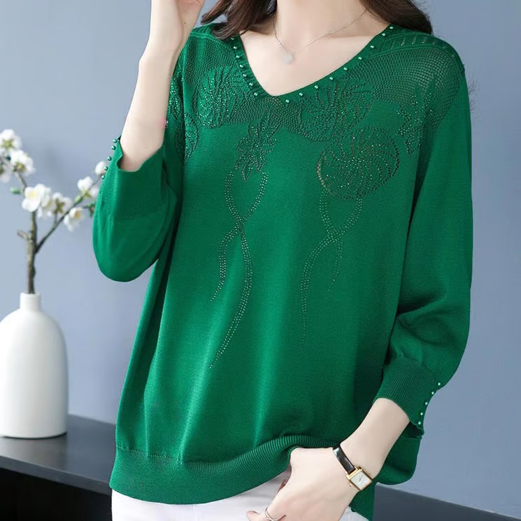 Women's Vintage V-Neck Beaded Pullover Sweater T-Shirt