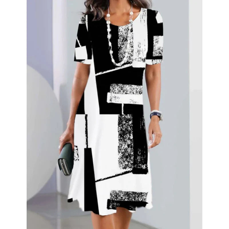 Women's casual dresses with 3D print and round neckline